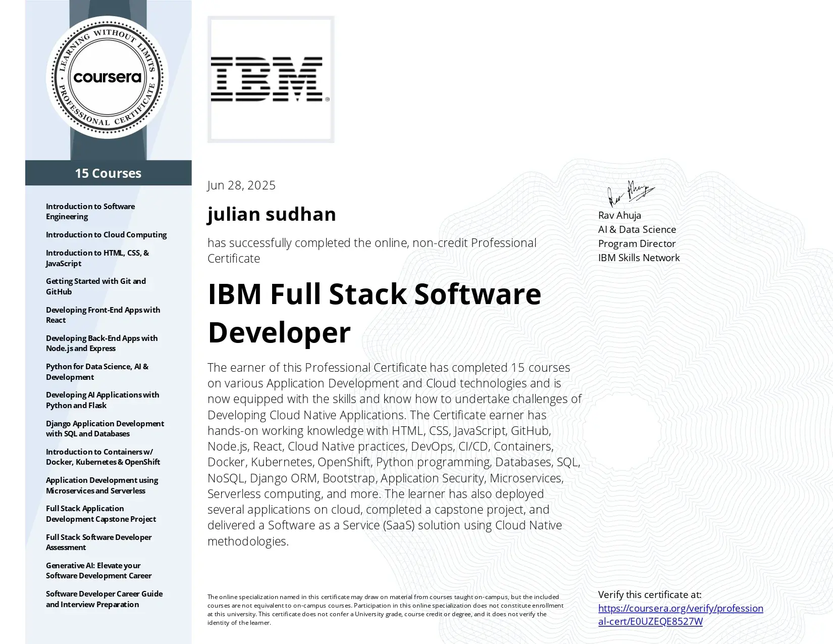 IBM Full Stack Software Developer Certificate